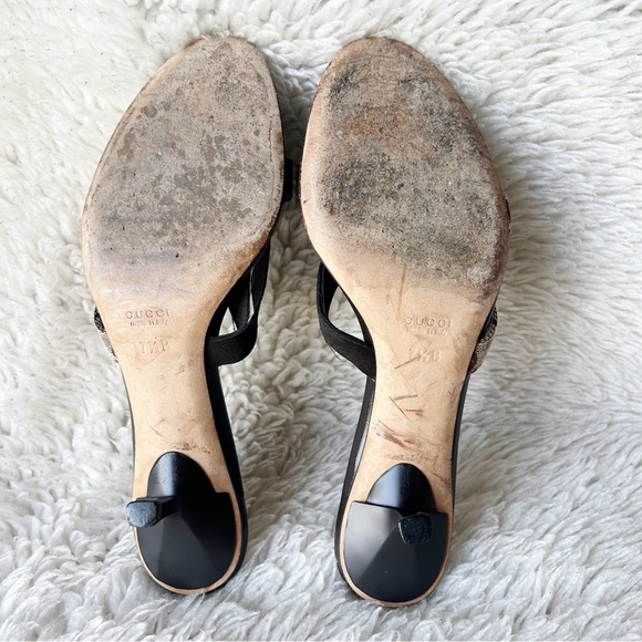 Gucci GG Monogram Canvas Suede Kitten Heels Sandals Size 7.5 Brown Beige - Picture 13 of 14